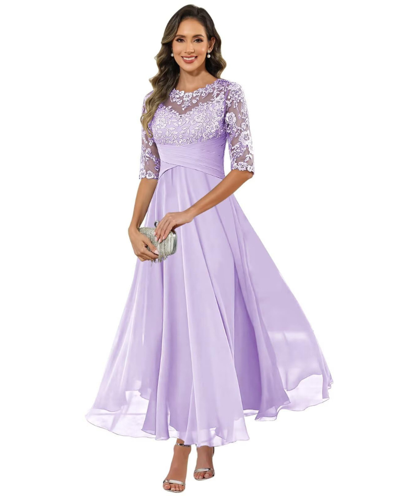 Auréliane – Vestido de noite para mulher, vestido comprido em renda e musselina com corte evasé elegante