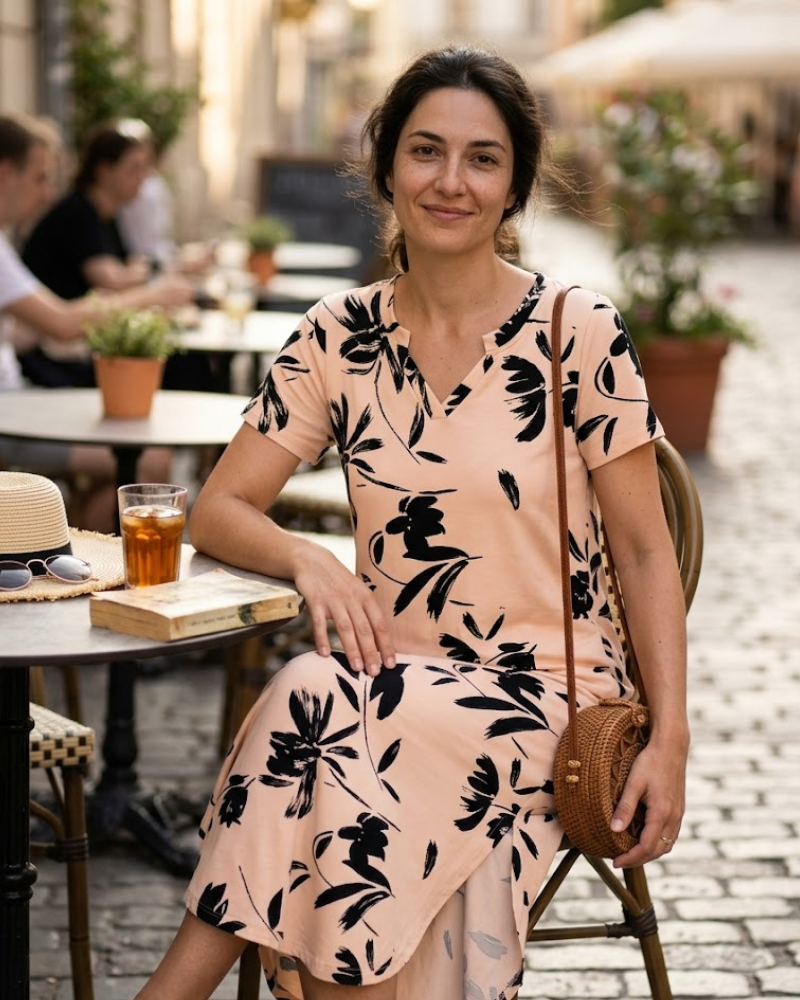 Laura haljina maxi za žene ljeto – duga haljina s V-izrezom, prorezom, kratkim rukavima i udobnim džepovima