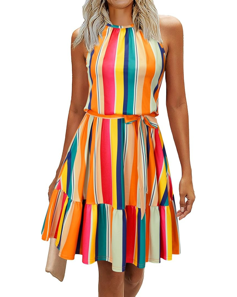 Bloom Robe Donna – Collo Halter, Stampa Floreale & Tasche, Taglio A-Line, Lunghezza al Ginocchio