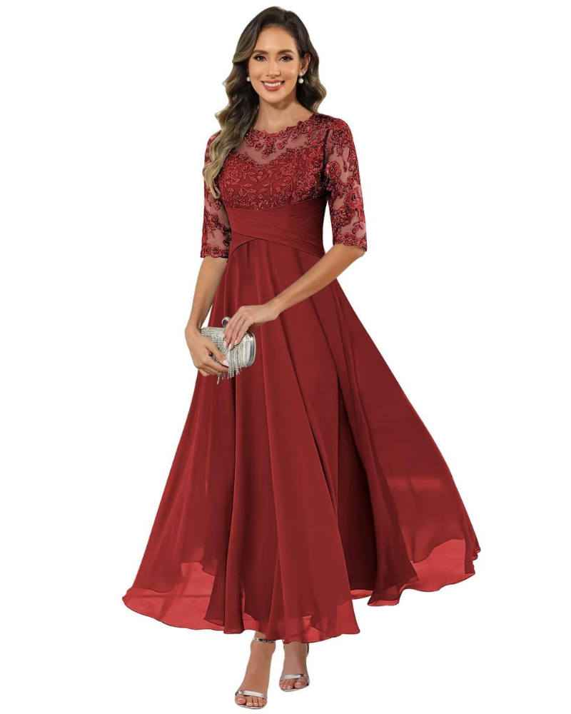 Auréliane – Vestido de noite para mulher, vestido comprido em renda e musselina com corte evasé elegante