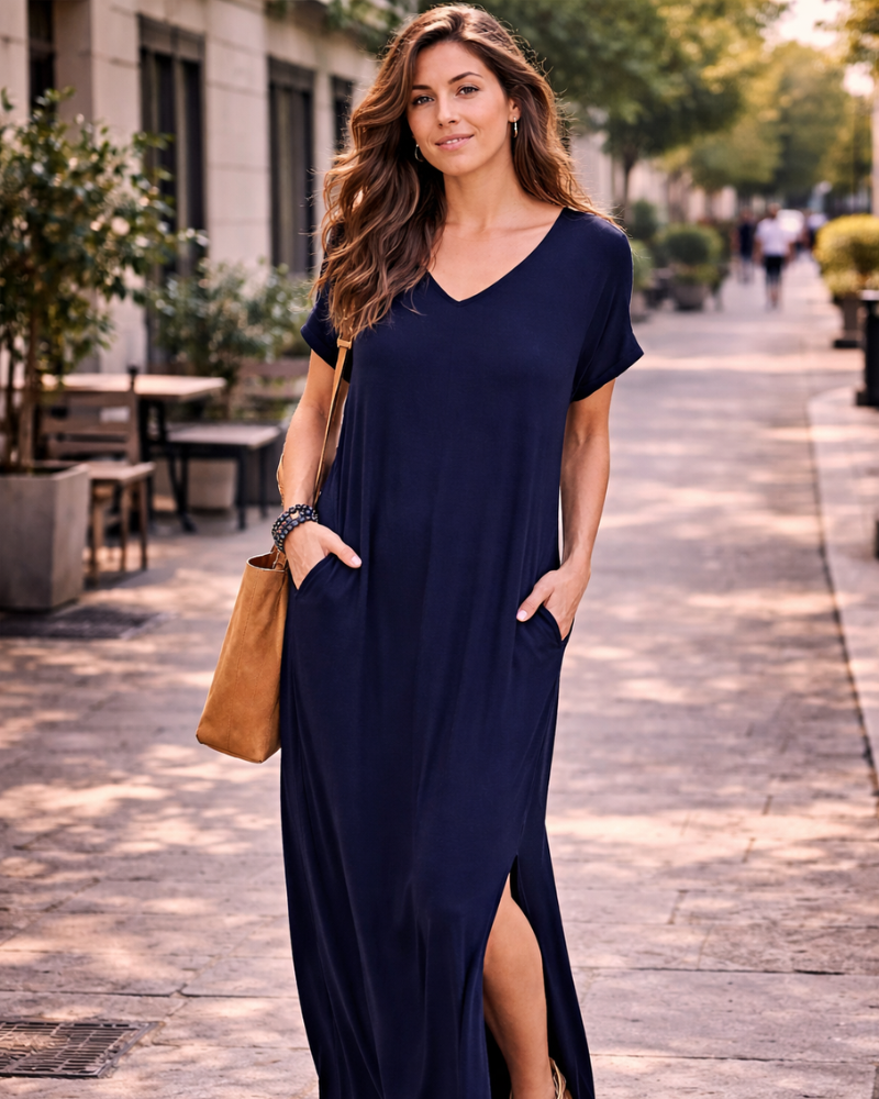 Vestido Maxi Rosenda para Mujer – Cuello en V, Mangas Cortas, Corte Fluido y Abertura con Bolsillos Verano