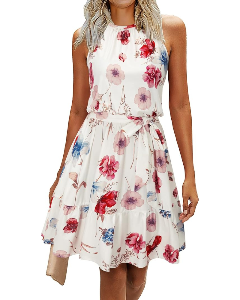 Bloom Robe Donna – Collo Halter, Stampa Floreale & Tasche, Taglio A-Line, Lunghezza al Ginocchio