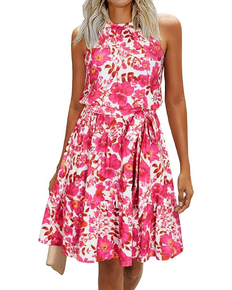 Bloom Robe Donna – Collo Halter, Stampa Floreale & Tasche, Taglio A-Line, Lunghezza al Ginocchio