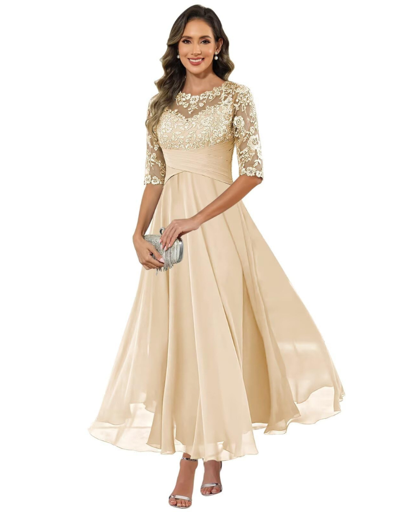 Auréliane – Vestido de noite para mulher, vestido comprido em renda e musselina com corte evasé elegante