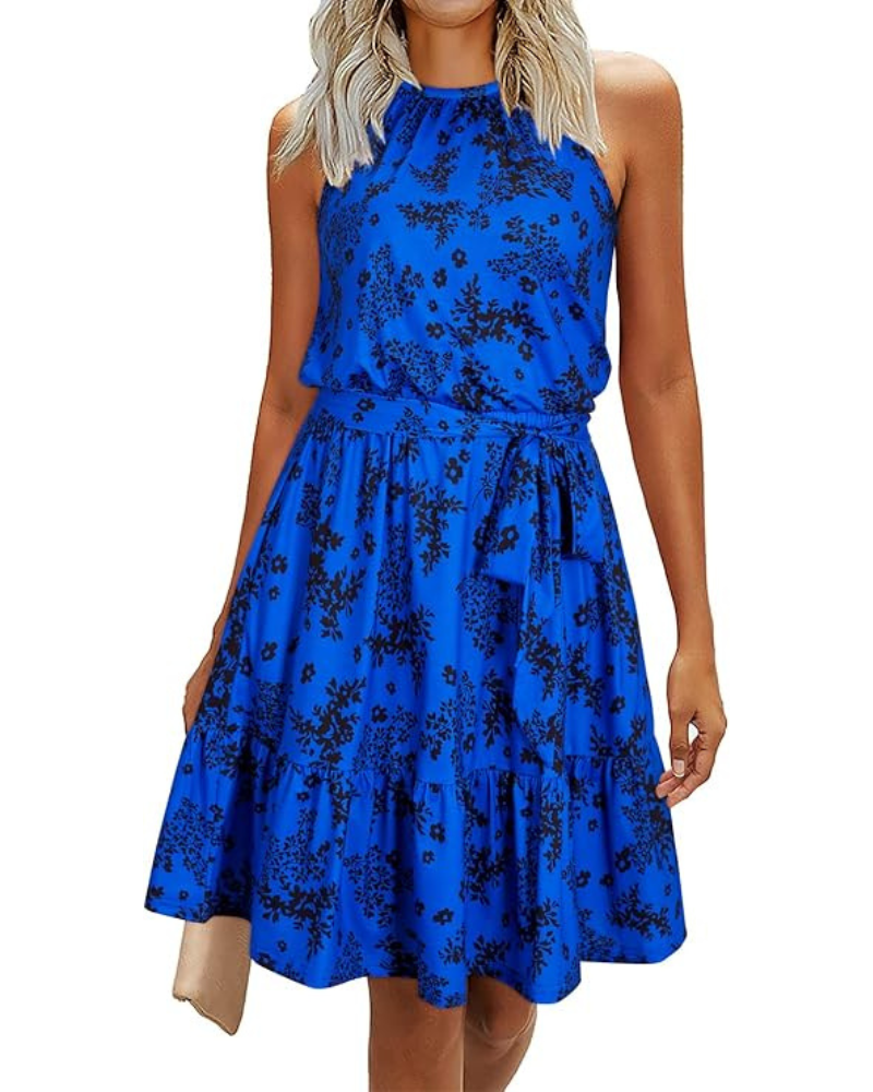 Bloom Robe Donna – Collo Halter, Stampa Floreale & Tasche, Taglio A-Line, Lunghezza al Ginocchio