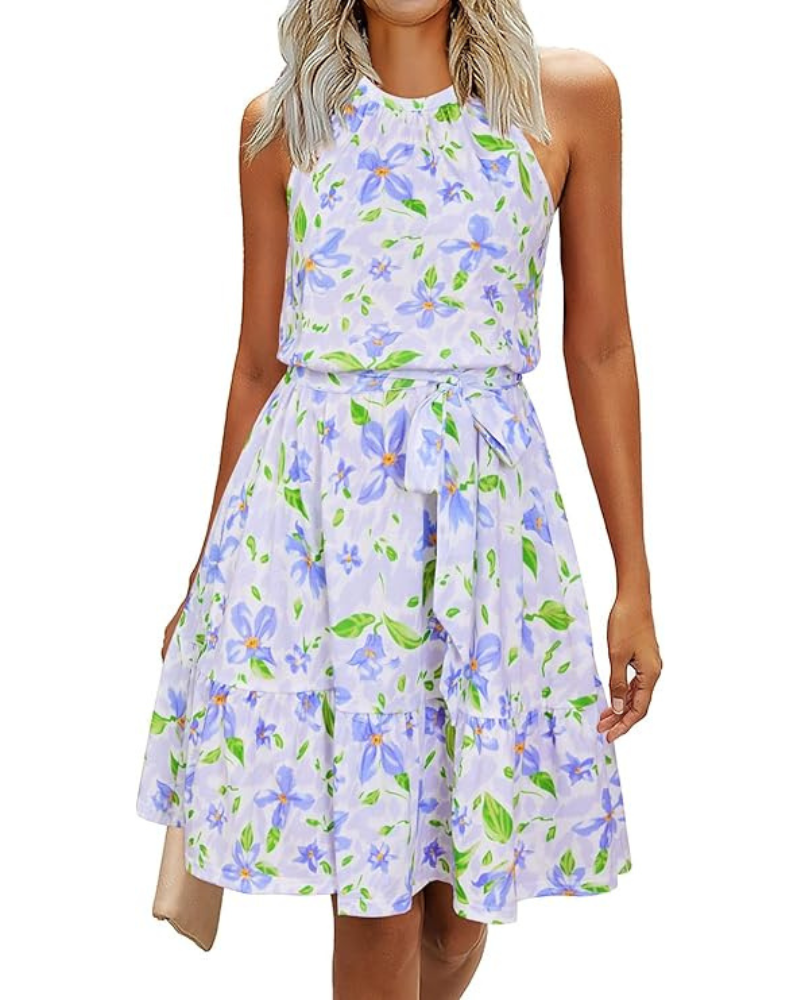 Bloom Robe Donna – Collo Halter, Stampa Floreale & Tasche, Taglio A-Line, Lunghezza al Ginocchio