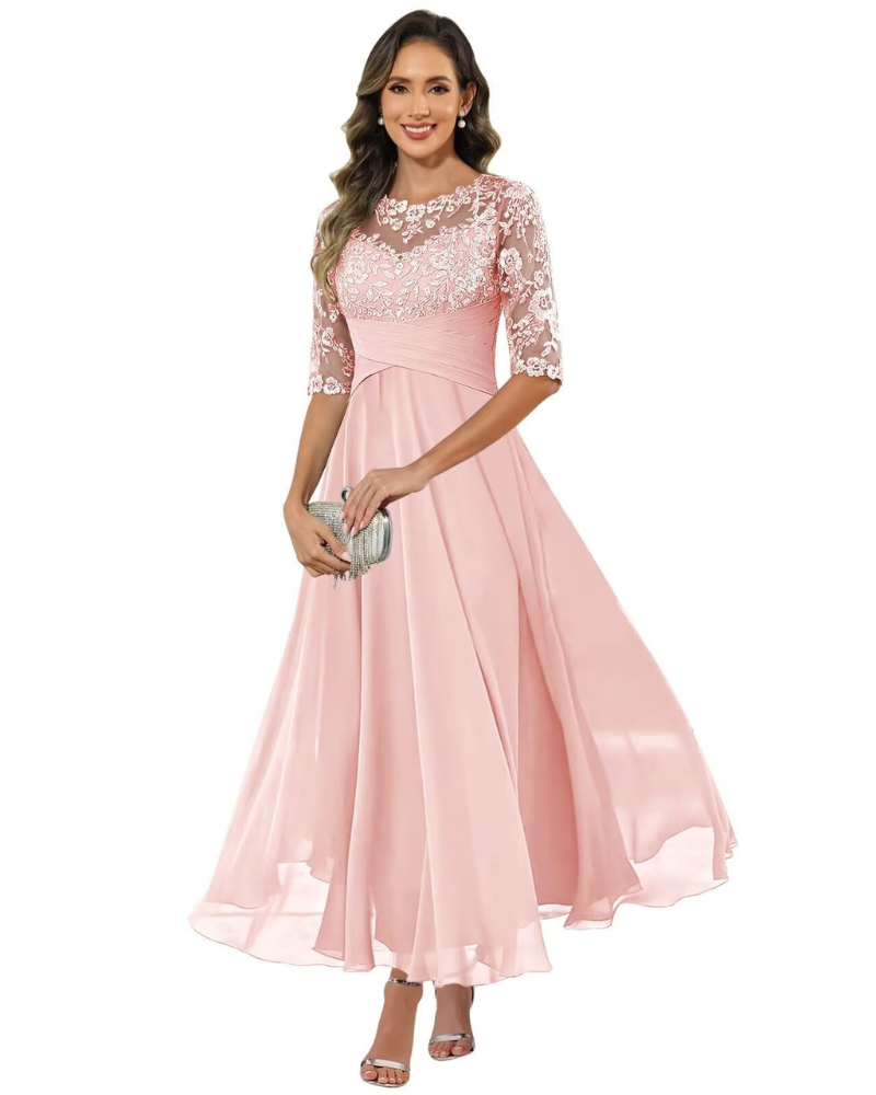 Auréliane – Vestido de noite para mulher, vestido comprido em renda e musselina com corte evasé elegante