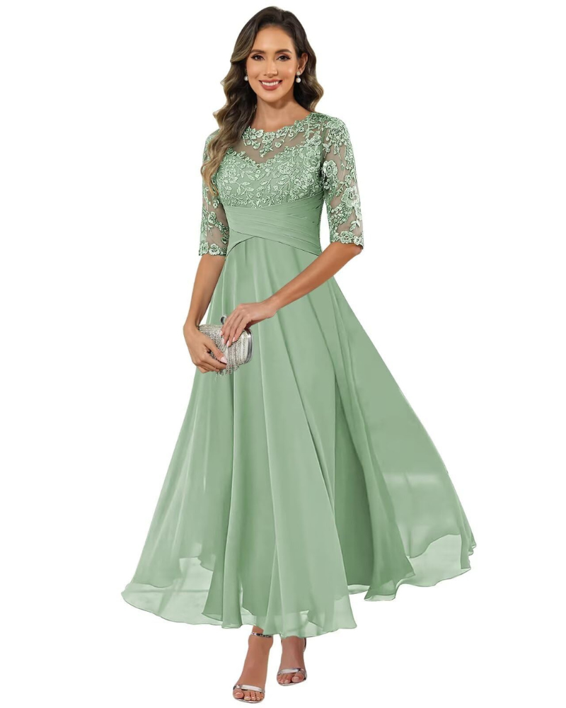 Olanthe haljina za večernju ženu – čipka i muslin, 3/4 rukavi i elegantni A-kroj