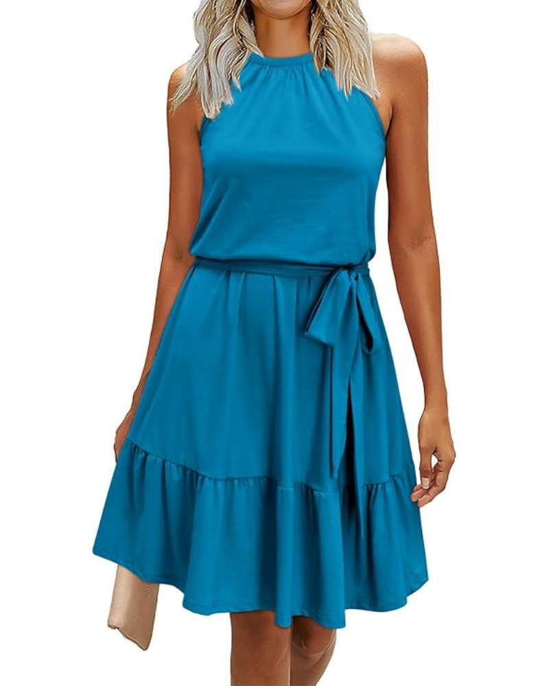 Bloom Robe Donna – Collo Halter, Stampa Floreale & Tasche, Taglio A-Line, Lunghezza al Ginocchio