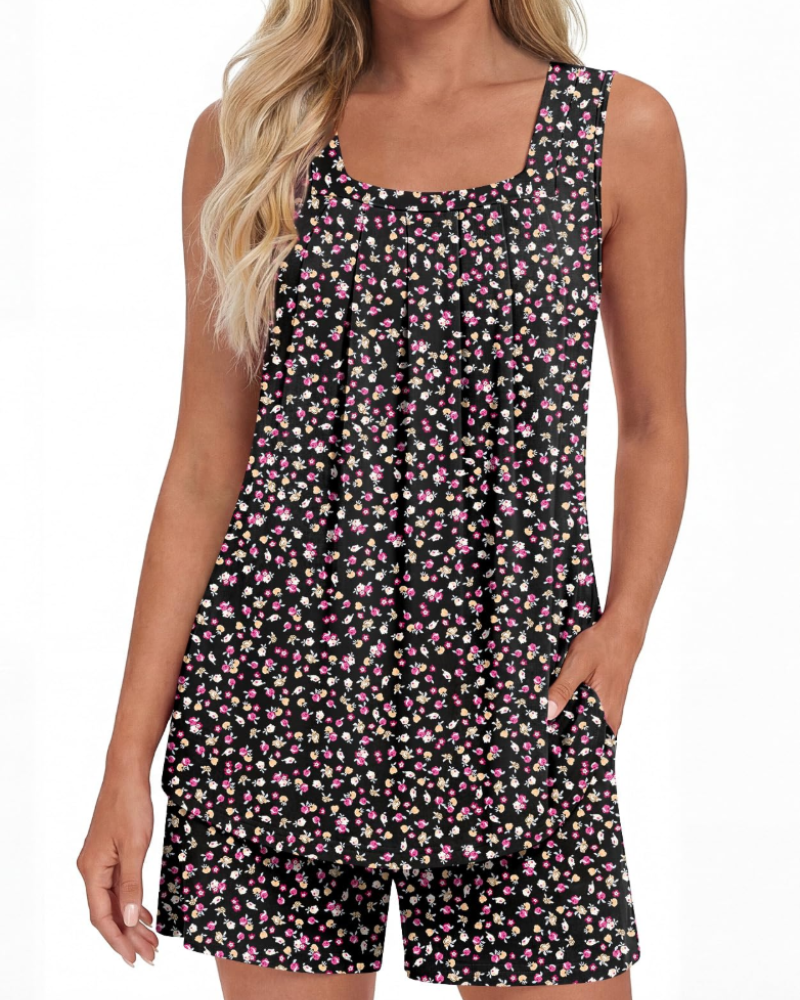 Mirella Damenpyjama, 2-teilig – Tanktop mit eckigem Ausschnitt und fließende Shorts mit Taschen