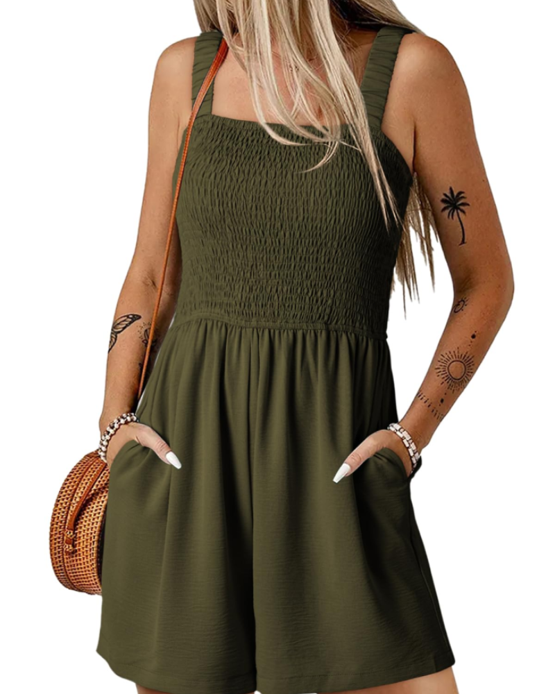 Tuta corta estiva da donna Savannah – Scollo quadrato arricciato con tasche