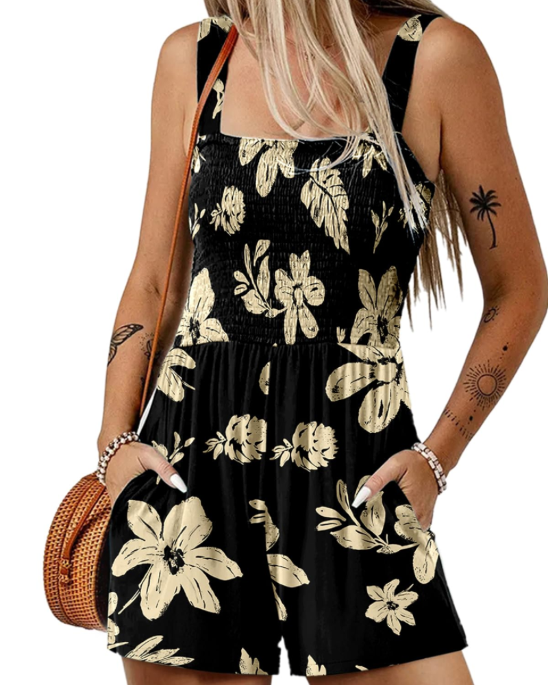Tuta corta estiva da donna Savannah – Scollo quadrato arricciato con tasche