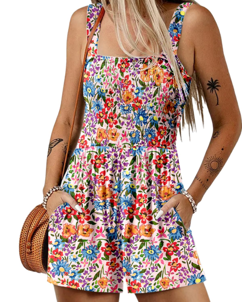 Tuta corta estiva da donna Savannah – Scollo quadrato arricciato con tasche