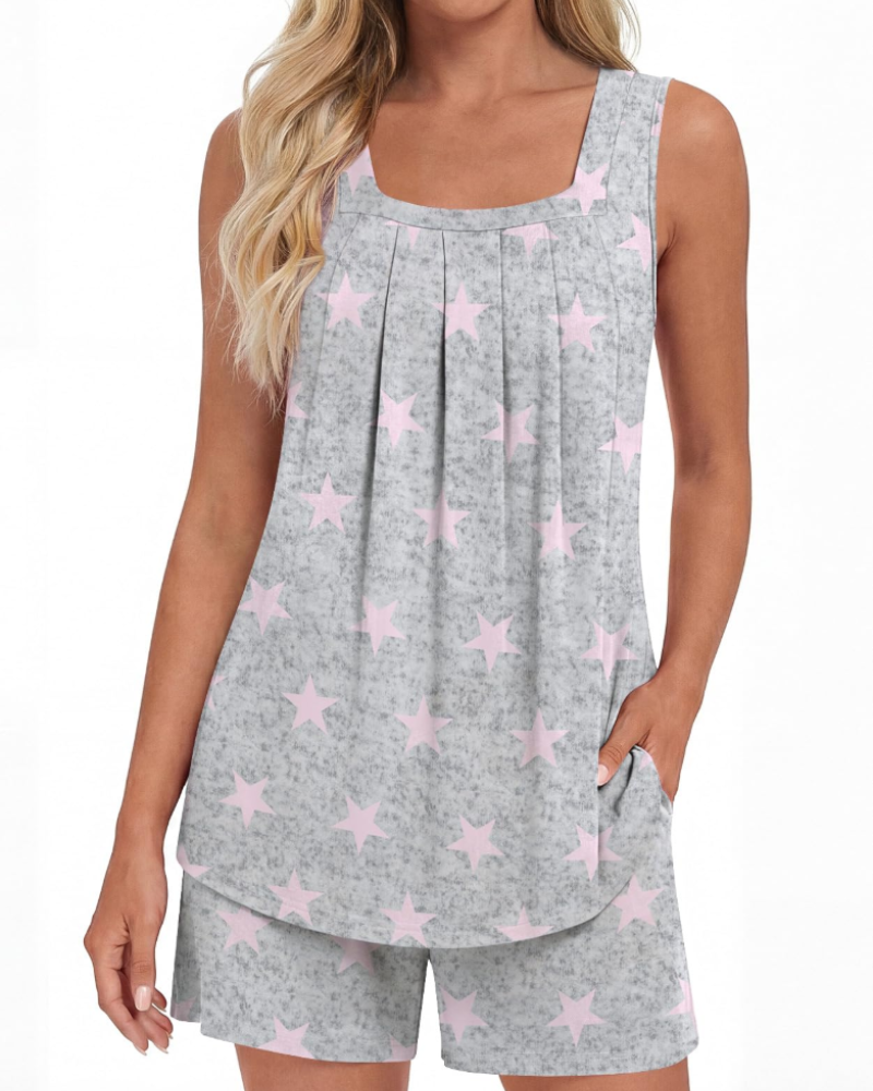 Mirella Damenpyjama, 2-teilig – Tanktop mit eckigem Ausschnitt und fließende Shorts mit Taschen