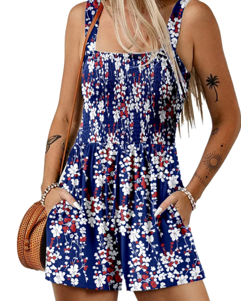 Tuta corta estiva da donna Savannah – Scollo quadrato arricciato con tasche