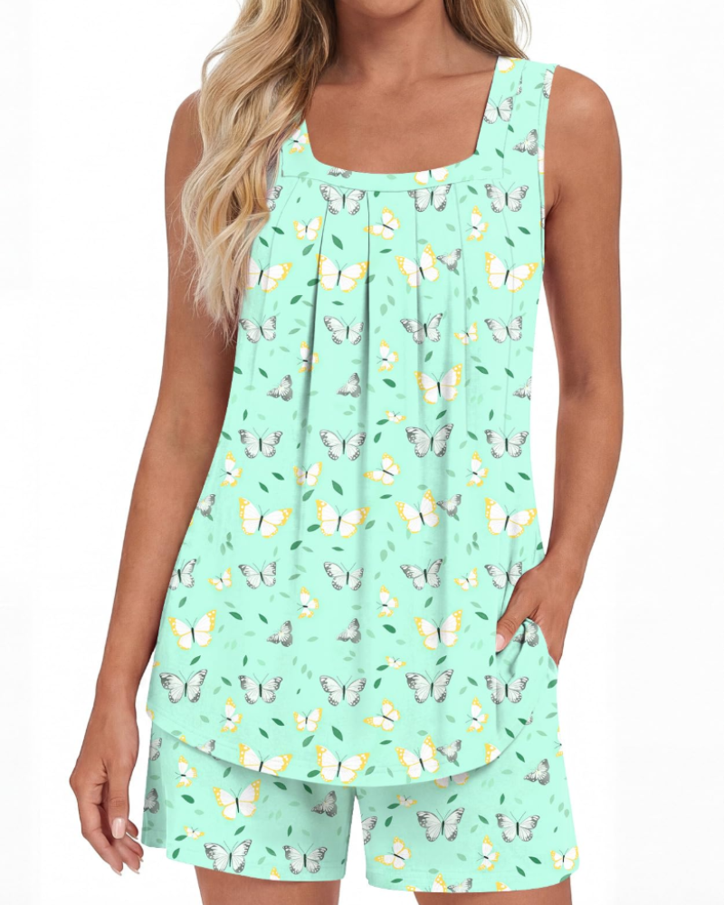 Mirella Damenpyjama, 2-teilig – Tanktop mit eckigem Ausschnitt und fließende Shorts mit Taschen