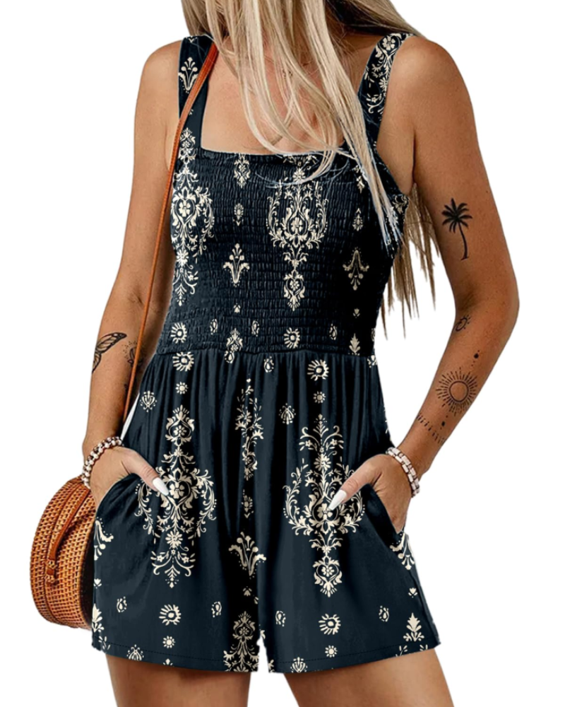 Tuta corta estiva da donna Savannah – Scollo quadrato arricciato con tasche