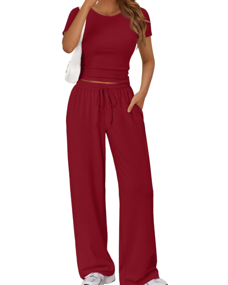 Sienna Women's Summer Set – Ruched Top & Wide-Leg Pants with Pockets