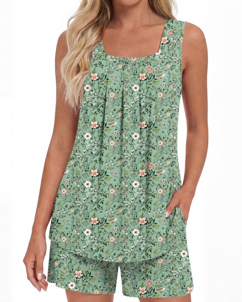 Mirella Damenpyjama, 2-teilig – Tanktop mit eckigem Ausschnitt und fließende Shorts mit Taschen