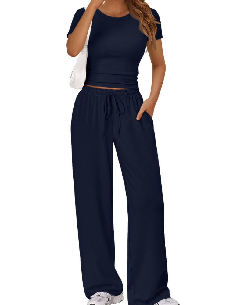 Sienna Women's Summer Set – Ruched Top & Wide-Leg Pants with Pockets