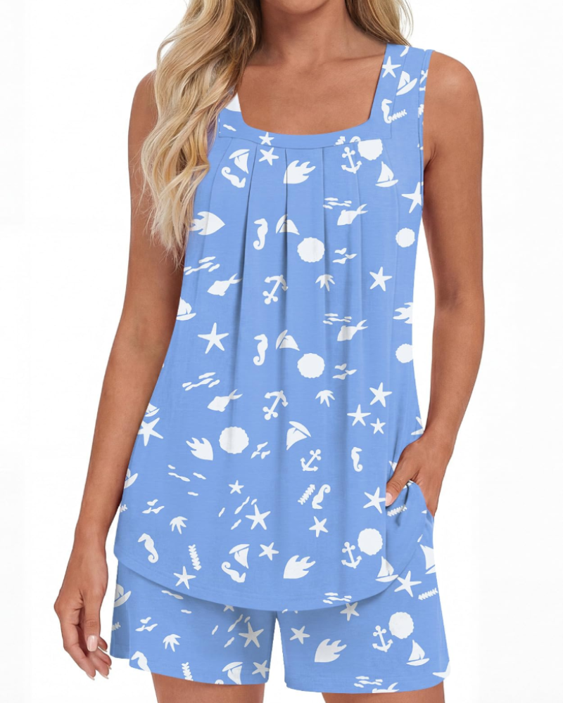 Mirella Damenpyjama, 2-teilig – Tanktop mit eckigem Ausschnitt und fließende Shorts mit Taschen