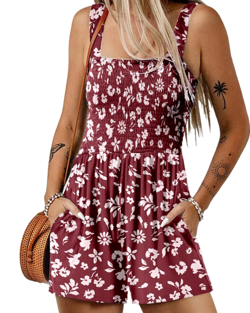 Tuta corta estiva da donna Savannah – Scollo quadrato arricciato con tasche