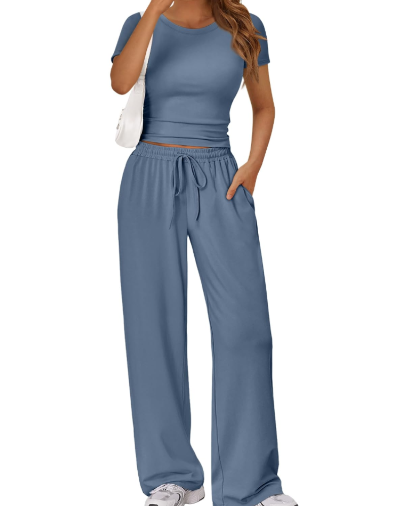 Sienna Women's Summer Set – Ruched Top & Wide-Leg Pants with Pockets