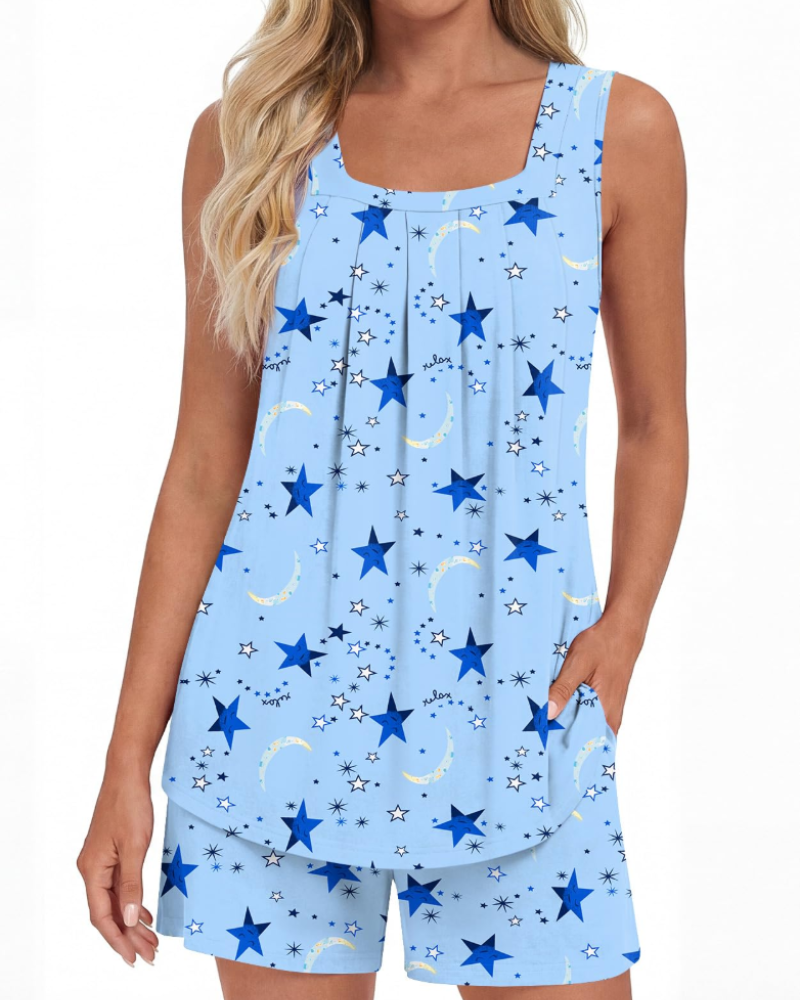 Mirella Damenpyjama, 2-teilig – Tanktop mit eckigem Ausschnitt und fließende Shorts mit Taschen