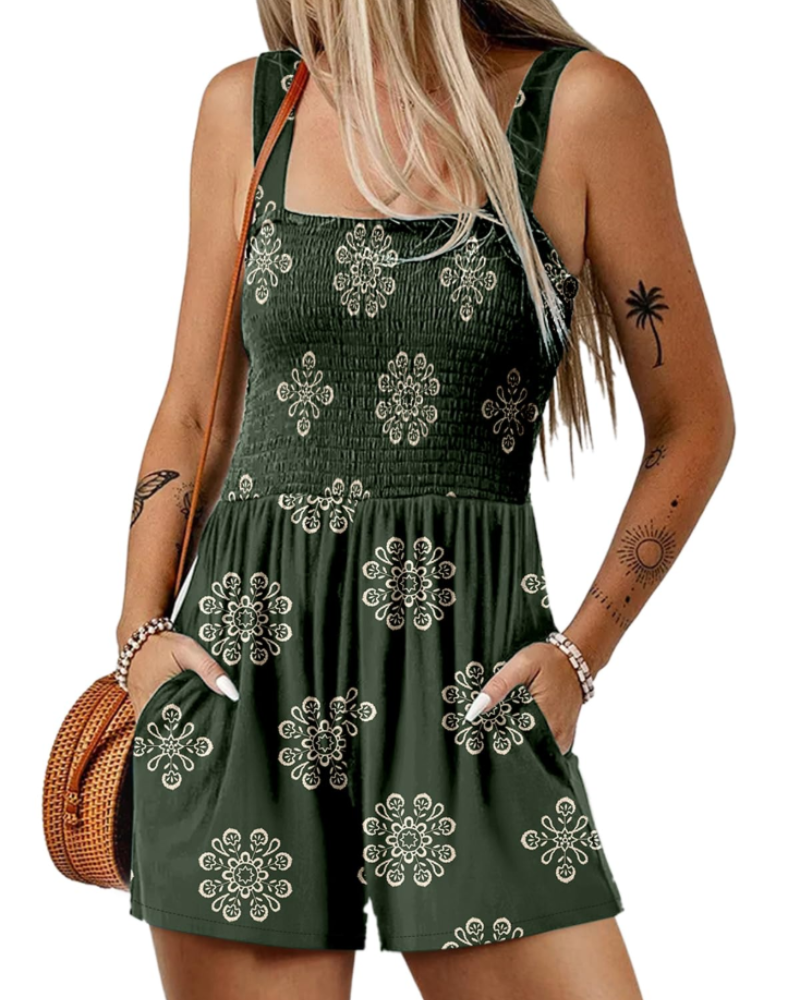 Tuta corta estiva da donna Savannah – Scollo quadrato arricciato con tasche