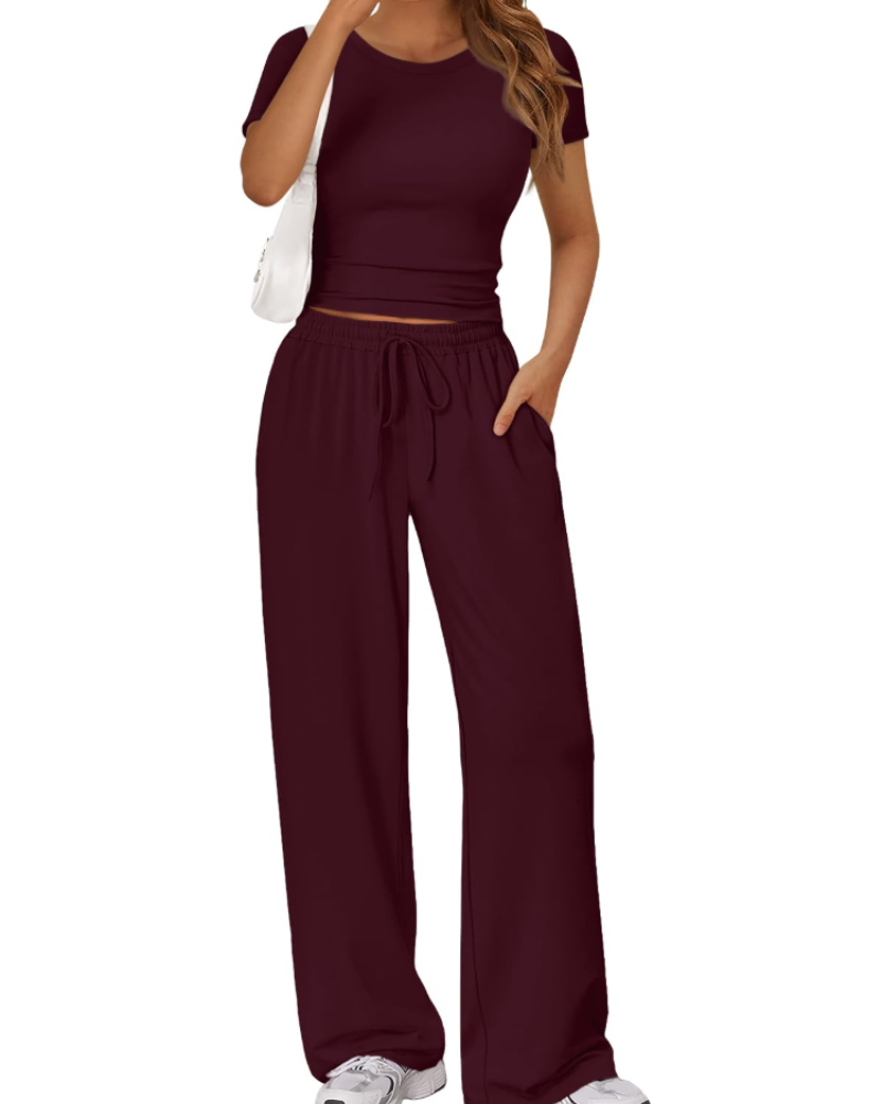 Sienna Women's Summer Set – Ruched Top & Wide-Leg Pants with Pockets
