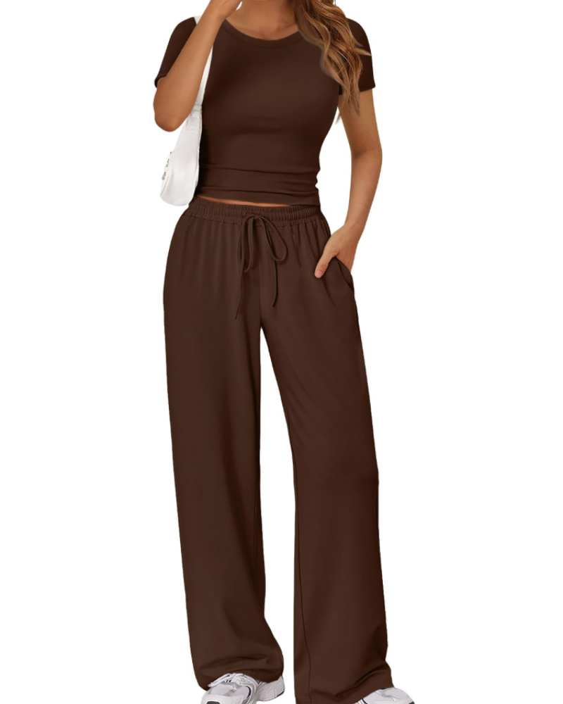 Sienna Women's Summer Set – Ruched Top & Wide-Leg Pants with Pockets