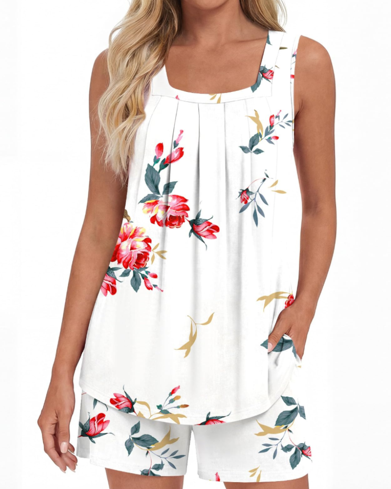 Mirella Damenpyjama, 2-teilig – Tanktop mit eckigem Ausschnitt und fließende Shorts mit Taschen