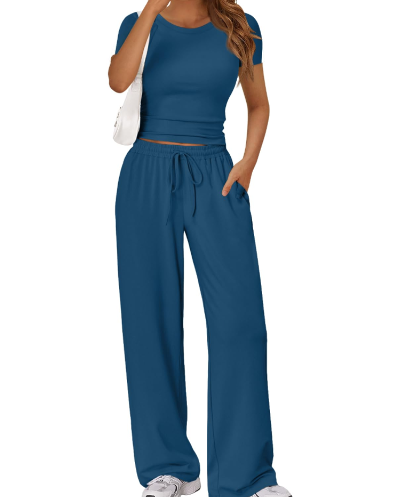 Sienna Women's Summer Set – Ruched Top & Wide-Leg Pants with Pockets