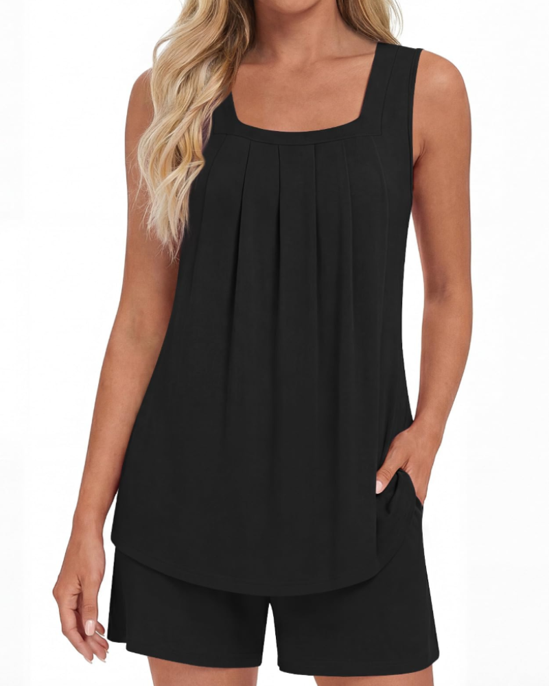 Mirella Damenpyjama, 2-teilig – Tanktop mit eckigem Ausschnitt und fließende Shorts mit Taschen