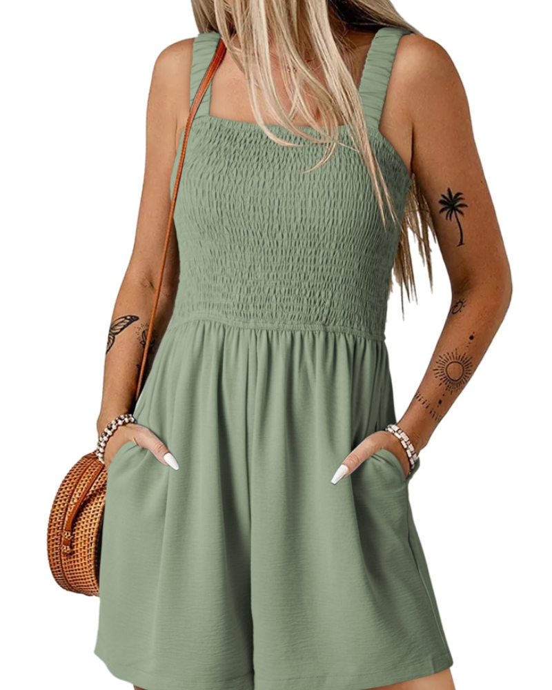 Tuta corta estiva da donna Savannah – Scollo quadrato arricciato con tasche