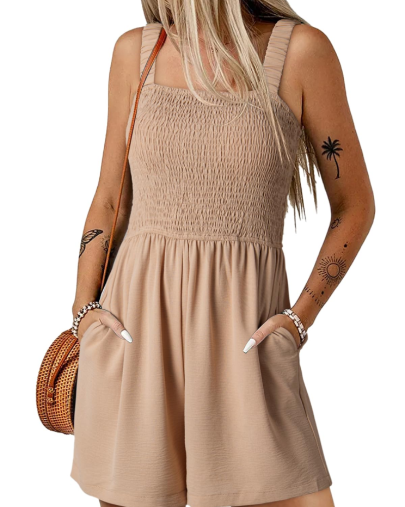 Tuta corta estiva da donna Savannah – Scollo quadrato arricciato con tasche