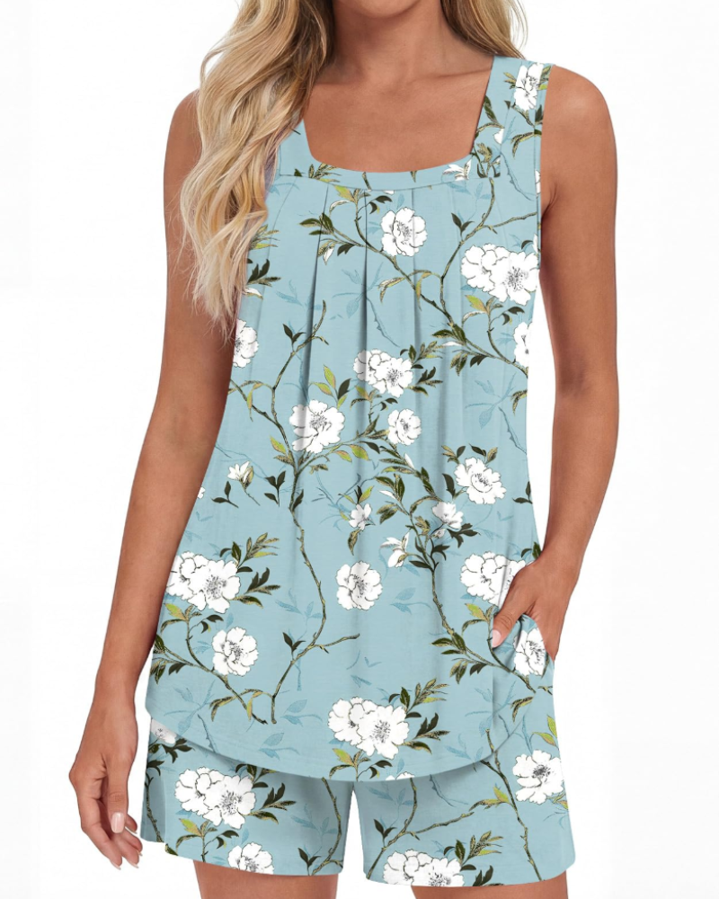 Mirella Damenpyjama, 2-teilig – Tanktop mit eckigem Ausschnitt und fließende Shorts mit Taschen