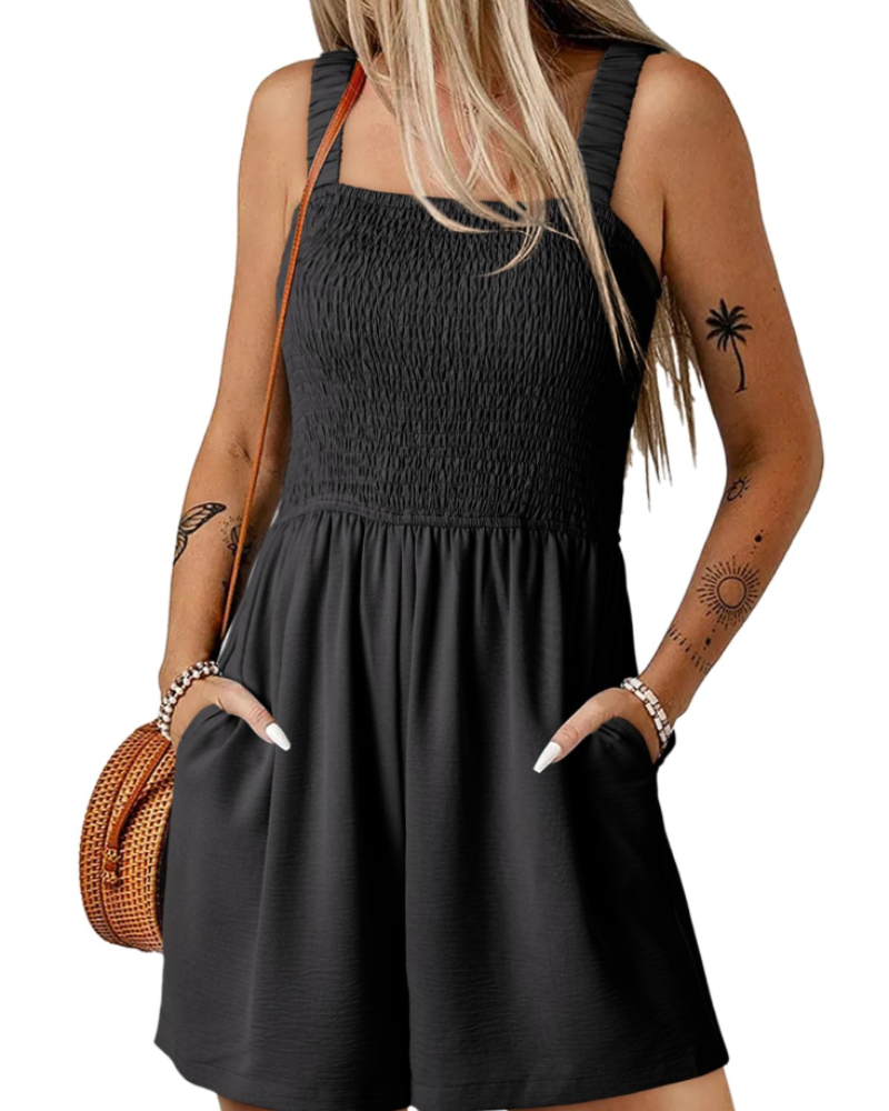 Tuta corta estiva da donna Savannah – Scollo quadrato arricciato con tasche