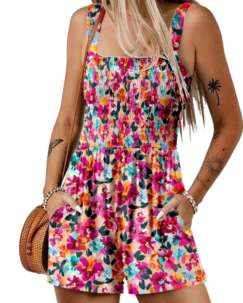 Tuta corta estiva da donna Savannah – Scollo quadrato arricciato con tasche