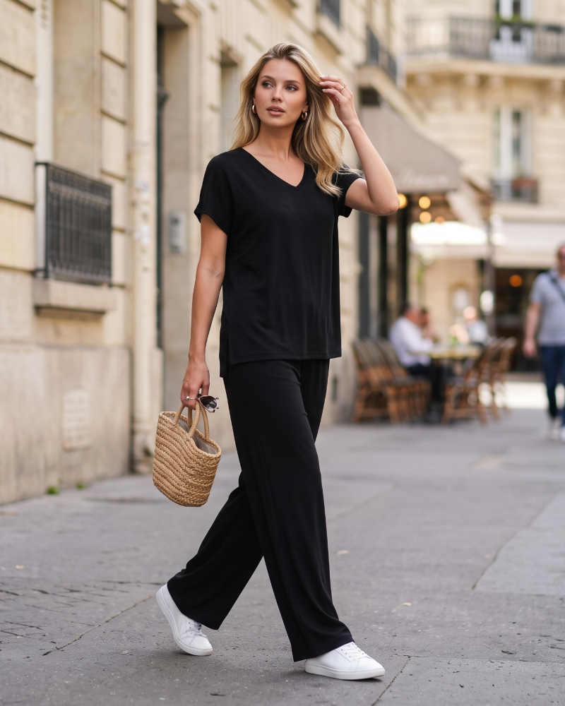 Gail Ensemble Détente Femme 2 Pièces – Haut Col V & Pantalon Large