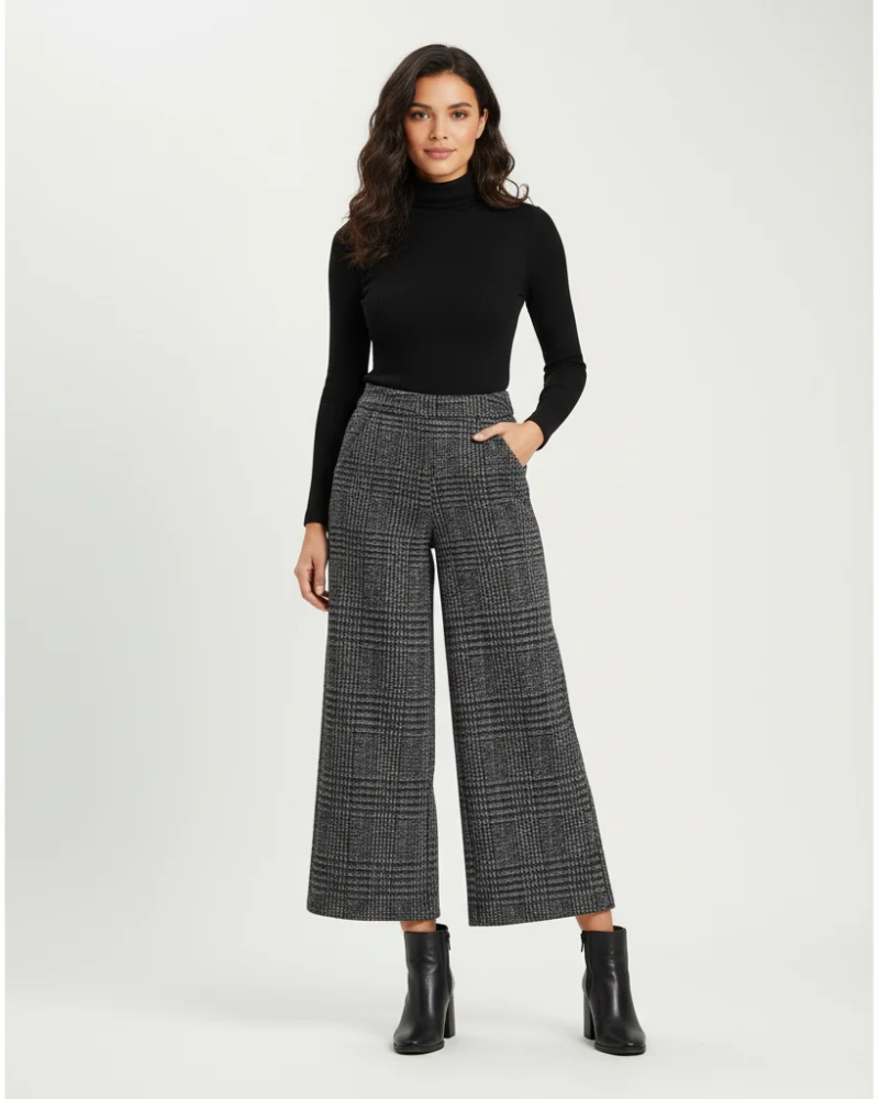 Odette Damenhose – Weite, hoch taillierte Hose mit Karomuster, eleganter moderner Schnitt