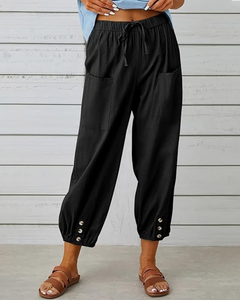Abigail Pantalon Capri Femme – Pantacourt 100 % Coton Taille Haute avec Poches