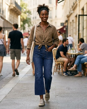 Elvire Jean Flare Femme – Ženske rastezljive traperice visokog struka, trapezastog kroja, duljine 26" s džepovima
