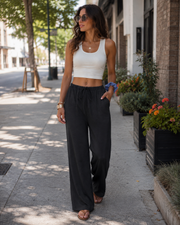 Pantalón ancho de mujer Merritt – Talle alto elástico con cordón, corte fluido y bolsillos
