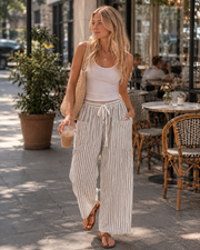 Tina ženske hlače – Palazzo lanene široke oversize s remenom i džepovima