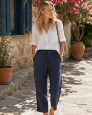 Vinia Pantalone Donna Capri Lino – Taglio Largo, Vita Elastica, Leggero Estate Chic
