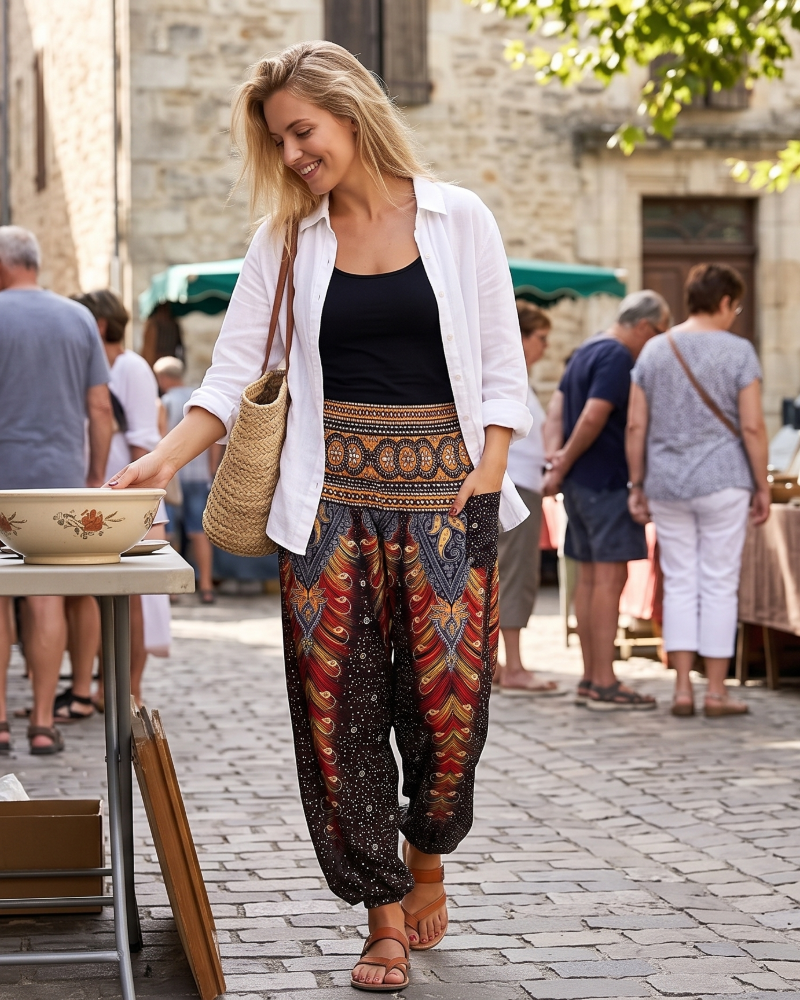 Maya Pantalón Harem Mujer Bohemia – Pantalón Aladino con Cintura Fruncida y Bolsillos