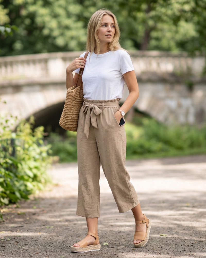 Lanie Calças 7/8 Mulher – Calças Largas Cintura Alta com Bolsos e Cinto Atado