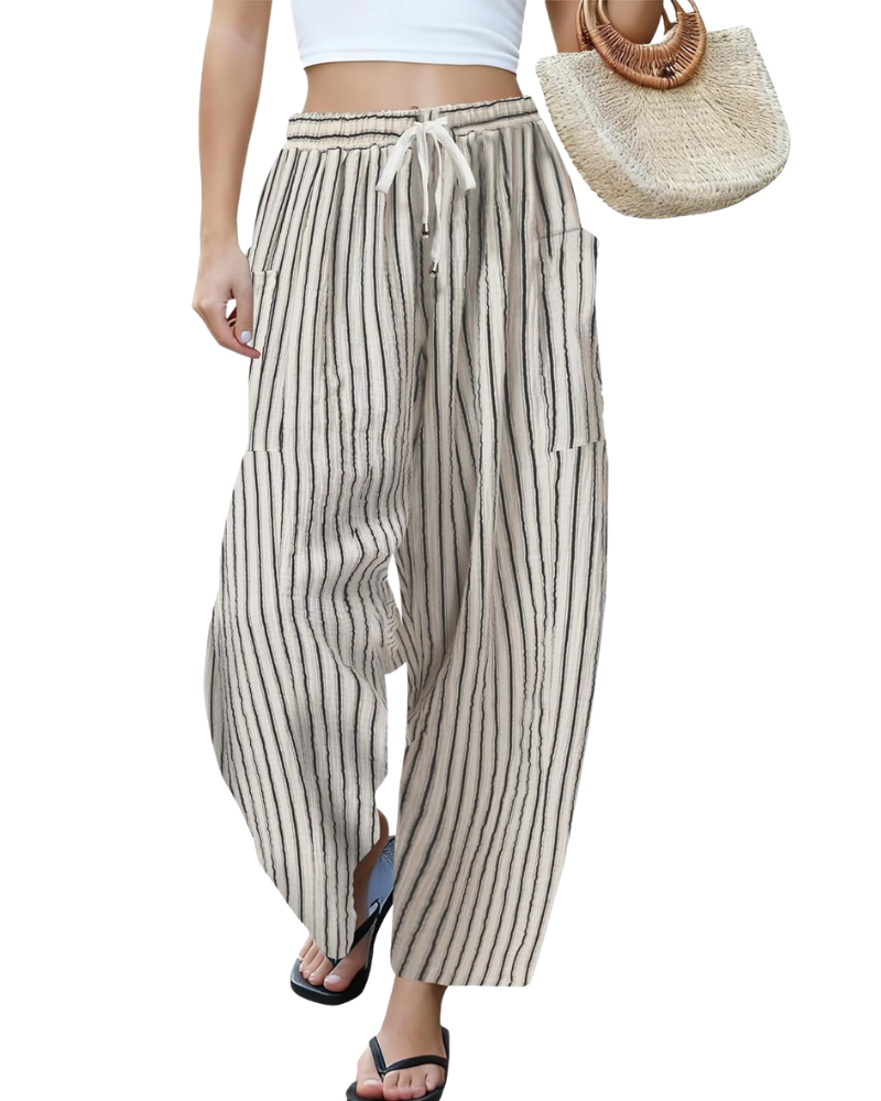 Pantalón Palazzo para Mujer – Lino Grande Oversize con Cinturilla de Cordón y Bolsillos