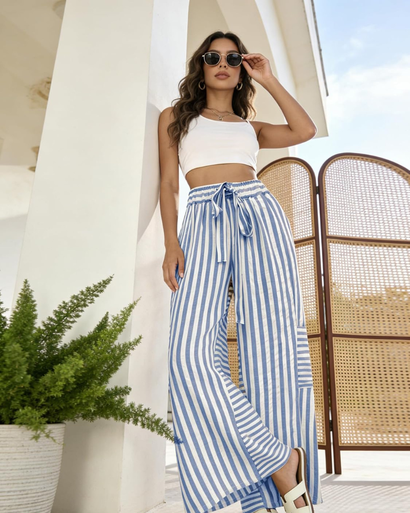 Pantalón Fino para Mujer – Palazzo a Rayas Anchas con Cintura Elástica, Cordón y Bolsillos